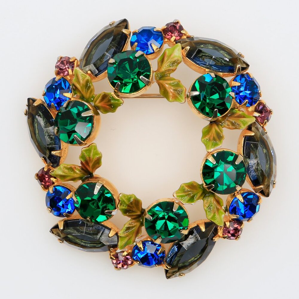 Vintage Blue Green Rhinestones Circle Wreath Brooch Green Enamel Leaves 1950s